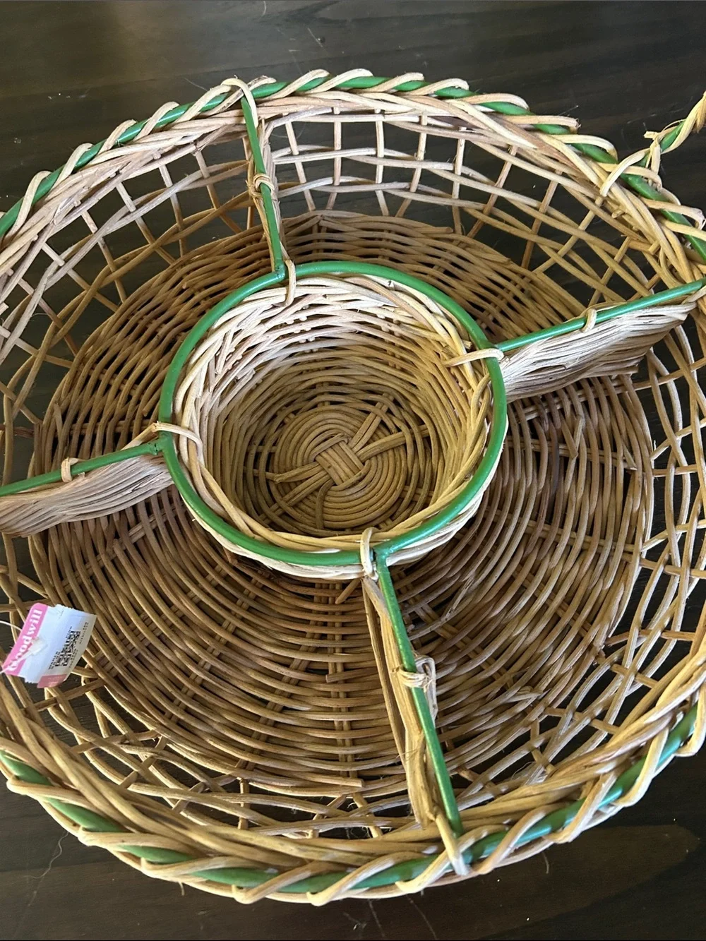 Woven Wicker Divided Serving Basket with Green Trim and Colorful Fish Accents